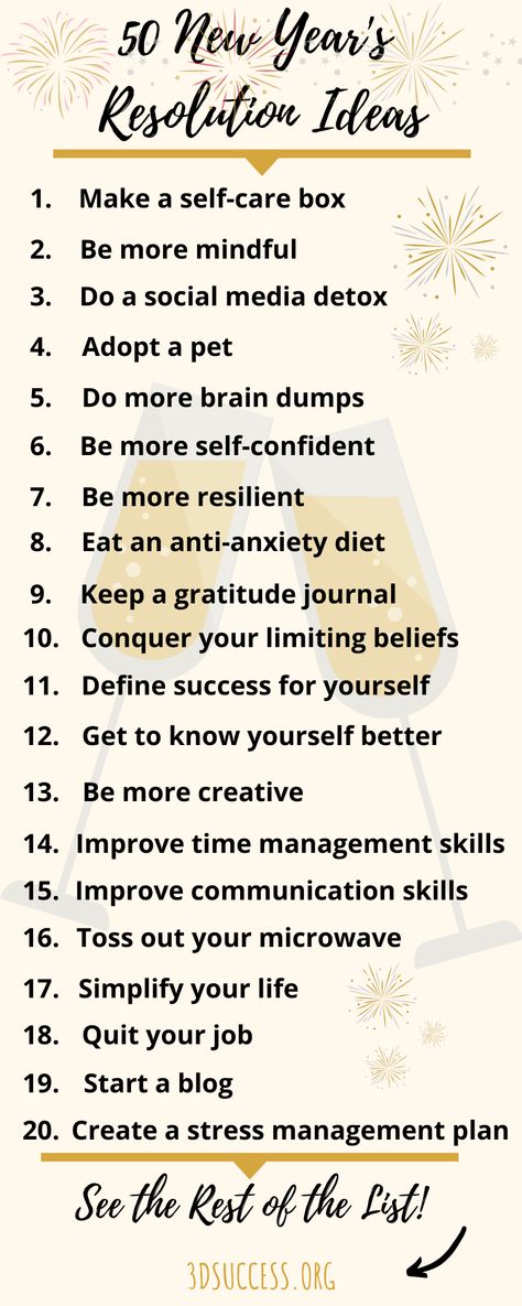 Here’s a list of New Year’s resolution ideas- if you want to make some changes but aren’t sure where to start, you’re sure to find some inspiration in this list of over 50 ideas pertaining to all aspects of life! #mysuccess #NewYearsResolution #reachyourgoals #personaldevelopment #selfimprovement #infographic Mommy Duties, Create Goals, New Years Resolution List, Resolution Ideas, Resolution List, Monthly Challenges, Year Goals, New Year Resolution, Improve Communication Skills