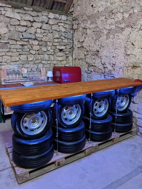 Tire Shop Decor Ideas, Auto Shop Ideas, Mechanic Shop Decor, Car Parts Decor, Tire Furniture, Garage Design Interior, Car Bar, Garage Furniture, Mechanic Shop