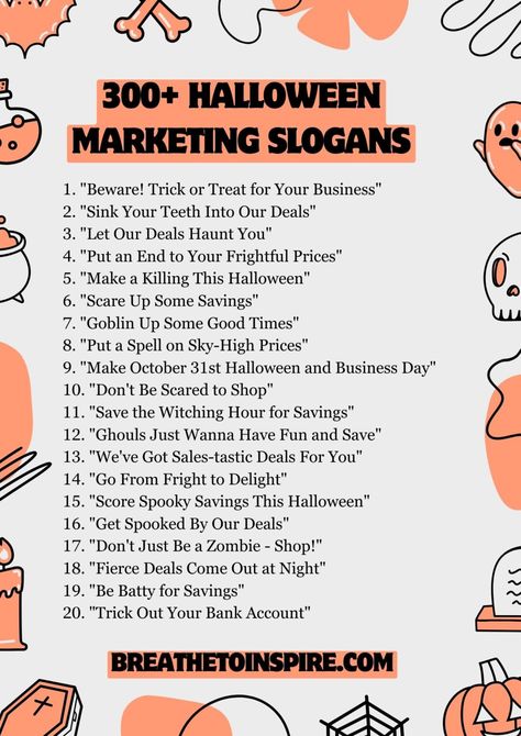 Halloween Med Spa Specials, Halloween Campaign Ideas, Halloween Business Marketing Ideas, Halloween Promotion Ideas, Halloween Content Ideas, Halloween Slogans, Halloween Marketing Ideas, Sales Slogans, Halloween Destinations