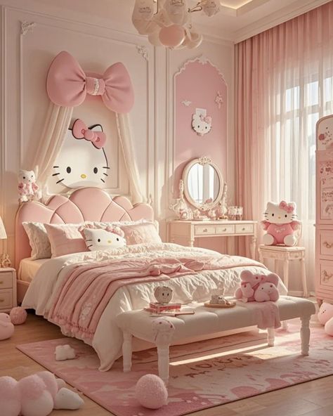 Hello Kitty Bedrooms💕 Shop now at GoodChoyice.com or click LINK IN BIO 🛍️ We ship worldwide.🙌 Follow @goodchoyiceoffcial for more kawaii lifestyle posts and order packaging content. ♡ ♡ ♡ ♡ ♡ #sanrio#kuromi#pochacco#cinnamoroll#mymelody#hellokitty#kawaii#hellokittycore#pompompurin#asmr#satisfying#gift#kuromicore#sanriogirl#hellokittyaddict#kuromiandmymelody#usa#phonecase Hello Kitty Living Room Ideas, Sanrio Room Decor Ideas, Hello Kitty Theme Room Bedroom Ideas, Hello Kitty Themed Bedroom, Hello Kitty Kids Room, Hello Kitty Baby Room, Pink Hello Kitty Room, Hello Kitty Themed Room, Sanrio Bed