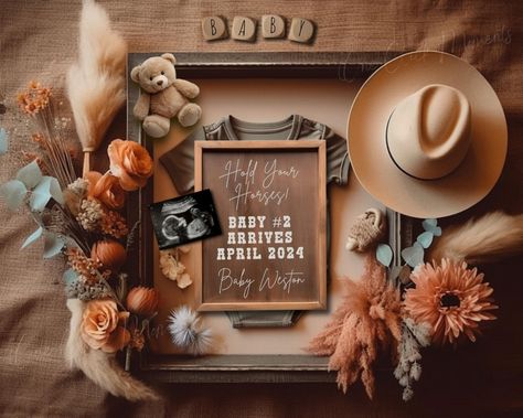 Introducing our Cowboy Digital Pregnancy Announcement and Western Baby Announcement - a perfect blend of Western charm and southern country life. Share your exciting news in a unique way with our customizable and editable social media template. This announcement is designed to capture the essence of country living, rodeos, and cow farms, making it an ideal choice for new moms-to-be expecting a little cowboy or cowgirl. With a touch of Southern flair, our Western Pregnancy Reveal showcases an ult Western Nursery Ideas Boy, Baby Boy Western Nursery, Western Baby Announcement Ideas, Pregnancy Announcement Western, Western Boho Nursery, Western Nursery Baby Boy, Farm Baby Announcement, Western Gender Reveal Ideas, Western Pregnancy Outfits