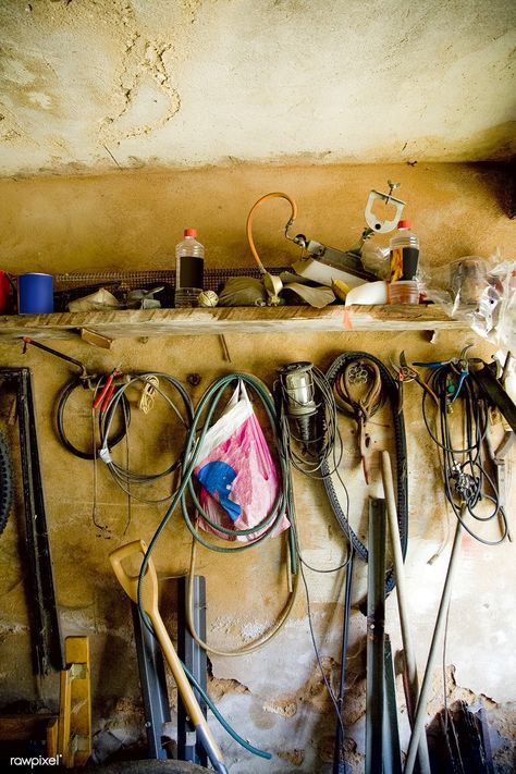 Messy garage wall with ropes and wires | free image by rawpixel.com Decluttering Garage, Messy Garage, Thrifted Decor, Great Bathrooms, Vintage Blanket, Aura Colors, Garage Walls, Tool Sheds, Garage Ideas