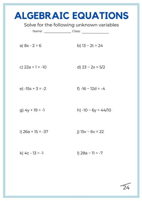 Solving Linear Equations Worksheet, Basic Algebra Worksheets, Linear Equations Worksheet, Solving Algebraic Equations, Algebraic Equations, Algebra Problems, College Math, Solving Linear Equations, Balancing Equations