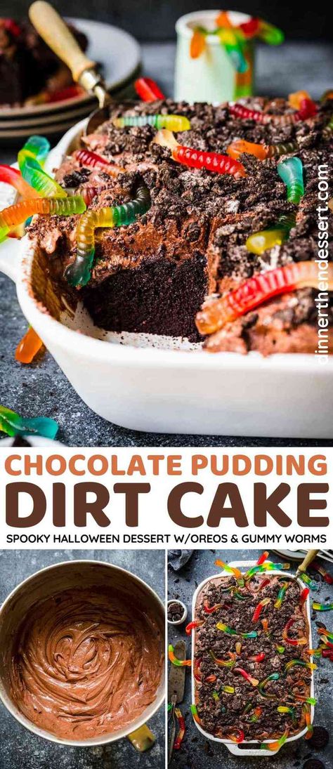 Chocolate Pudding Dirt Cake is a kid favorite Halloween dessert topped with pudding, crushed Oreos (dirt), and gummy worms for a spooky treat. Gummy Worm Dessert Ideas, Gummy Worm Halloween Treats, Dirt Cake Pudding Cups, Brownie Dirt Pudding, Spooky Dirt Cake, Worms In Dirt Cake, Chocolate Pudding Dirt Cake, Dirt N Worms Pudding Cups, Dirt Cake Cups Halloween