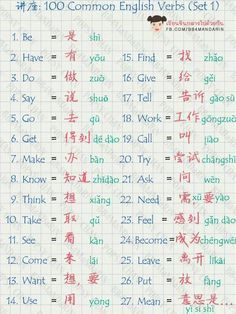 Most common verbs in English translated into Chinese/pinyin Chinese Verbs, Kaligrafi China, Pinyin Chinese, Words In Chinese, Chinese Numbers, Mandarin Pinyin, Study Chinese, Chinese Grammar, Words In Different Languages