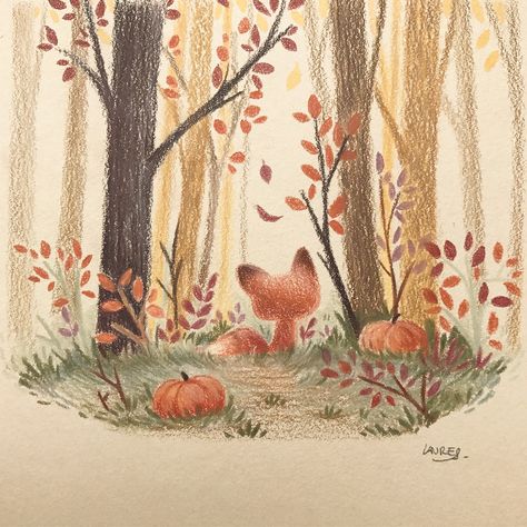 Autumn Cute Drawing, Fall Illustration Art, Halloween Woods, Fall Drawings, 동화 삽화, Fox Illustration, Autumn Illustration, Fox Art, Color Pencil Art