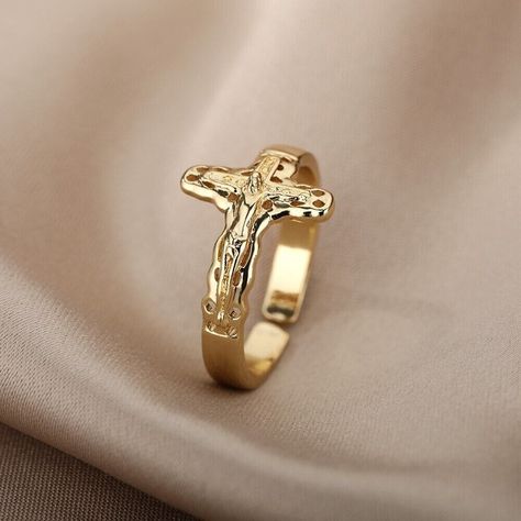 18K Gold Cross Ring, Gothic Cross Ring, Gold Jesus Cross Ring | eBay Cross Rings For Women, Jesus Ring, Cross Rings, Ring Party Jewelry, Precious Stones Rings, Jesus Cross, Ringe Gold, Cross Ring, Jewelry Lookbook