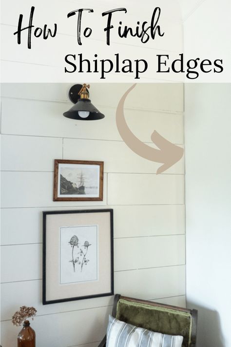 How to Make Your Shiplap Edges Look Finished - The Morris Mansion Shiplap Half Wall Hallway, Horizontal Shiplap Wall Living Room, How To Finish Shiplap Edge, Shiplap Wall Trim, Shiplap Wall Trim Ideas, Shiplap Edge Trim, Shiplap Color Ideas, Staggered Shiplap Wall, Shiplap Trim Ideas