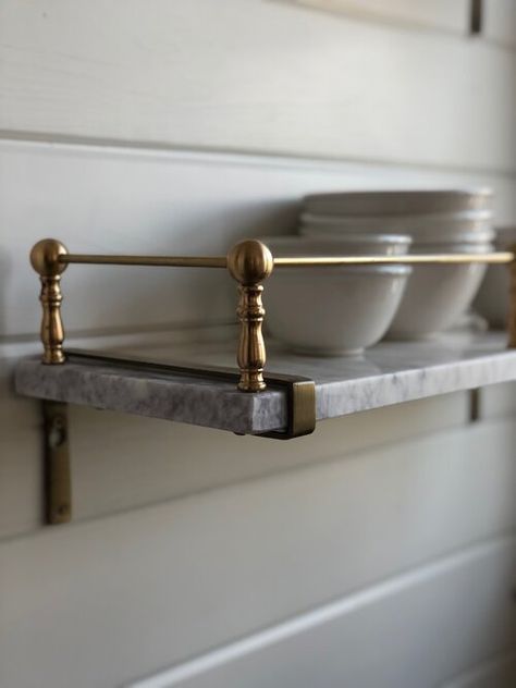 DIY Marble Shelves — The Linen Rabbit Round Tray Styling Decorating Ideas, Bar Cabinet Floating Shelves, Wood Beam Header Doorway, Light Above Shelves, Laundry Room Shelving Diy, French Country Kitchen Shelves, Floating Shelf Under Window, French Interior Design Kitchen, Shelves By Stove