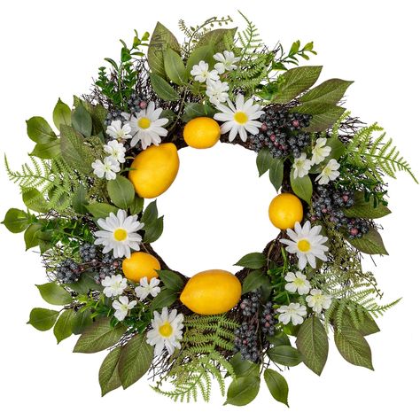 PRICES MAY VARY. Decorative Lemon Wreath - This front door wreath is handcrafted, it is made of realistic lemon leaves together with lemon fruits, fern & greenery leaves, daisies and berries, which are adorned on natural wood twigs base, full of different layers and textures, this door wreaths is sure to be a perfect home décor piece and impress your guests. This small wreath is also the perfect way to add a bright and fresh element to your indoor & outdoor decor Premium Material - Our wreaths f Wedding Farmhouse, Summer Door Wreath, Small Wreath, Lemon Leaves, Lemon Wreath, Summer Door Wreaths, Small Wreaths, Lemon Decor, Wildflower Wedding