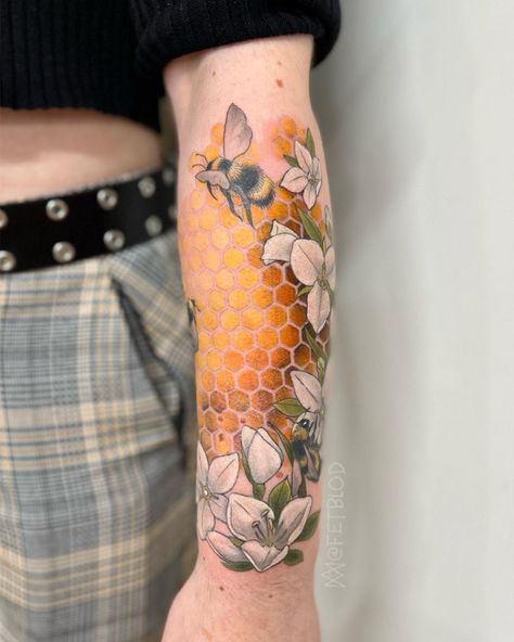 Bee And Mushroom Tattoo, Bee Swarm Tattoo, Honeycomb Tattoo Sleeve Filler, Honeycomb Filler Tattoos, Abstract Bee Tattoo, Honeycomb Flower Tattoo, Bee Hive Tattoo Design, Honeycomb Bee Tattoo, Honeycomb Tattoo Filler