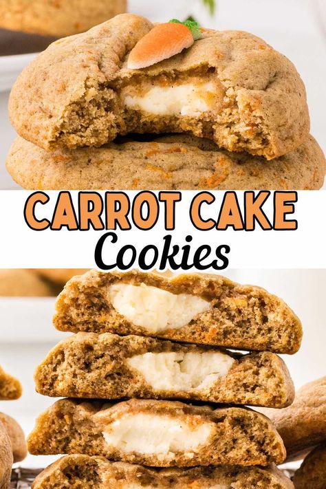 This easy Carrot Cake Stuffed Cookies recipe turns your favorite spiced cake, complete with freshly grated carrots and cream cheese frosting, into soft and chewy carrot cake cookies. Each handheld bundle is baked bakery-sized, so it’s big enough to house the surprise filling that’s hidden inside. Cake Stuffed Cookies, Carrot Cake Cookies Recipe, Strawberry Shortcake Cookies, Spiced Cake, Cookie Dough Filling, Butterbeer Recipe, Carrot Cookies, Stuffed Cookies, Easy Carrot Cake