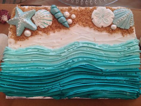 Beach theme cake for shower. Desert Theme Cake Ideas, Beach Sheet Cake, Beach Theme Cake, Beach Birthday Cake, Birthday 13, Half Sheet Cake, Slab Cake, Beach Themed Cakes, Food Deserts