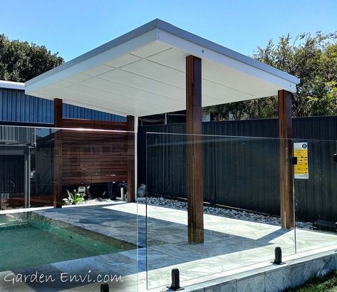 Gorgeous Hardwood Gazebo with White Ceiling Pergola Over Pool Ideas, Flat Roof Pool Cabana, Canopy Over Pool, Pool Under Pergola, Small Pool Cabana, Pool Pavilions, Pool Cabana Ideas, Timber Garden Sheds, Pool Patio Designs