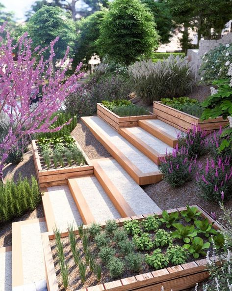 Yardzen 🌿 | It is most definitely garden szn 🌿⁠ That goes for all yards (even sloped ones!). We've seen every yard in the book and are always up for… | Instagram Vegetable Garden Design On A Slope, Sloping Lawn Ideas, Landscape Design On A Slope, Steep Side Yard Landscaping, Downhill Garden Ideas, Sloped Yard Deck, Terraced Garden Beds, How To Terrace A Sloped Yard, Terraced Garden Slope