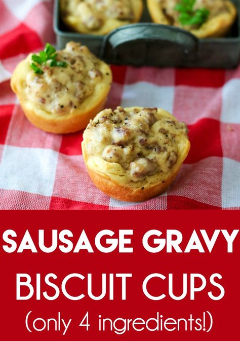 Sausage Gravy Biscuit Cups are our new favorite breakfast! Flaky biscuit cups loaded with perfect sausage gravy! So easy to make with just four ingredients! Breakfast Muffins Sausage, Sausage Biscuits And Gravy, Sausage Gravy And Biscuits, Biscuit Cups, Brunch Foods, Sausage Biscuits, Creative Breakfast, Recipes Sausage, Flaky Biscuits