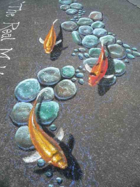 koi ~ street art, bob diven 3d Sidewalk Art, Street Chalk Art, Chalk Activities, Illusion Kunst, Pavement Art, 3d Chalk Art, Chalk Ideas, Arte Peculiar, Sidewalk Chalk Art