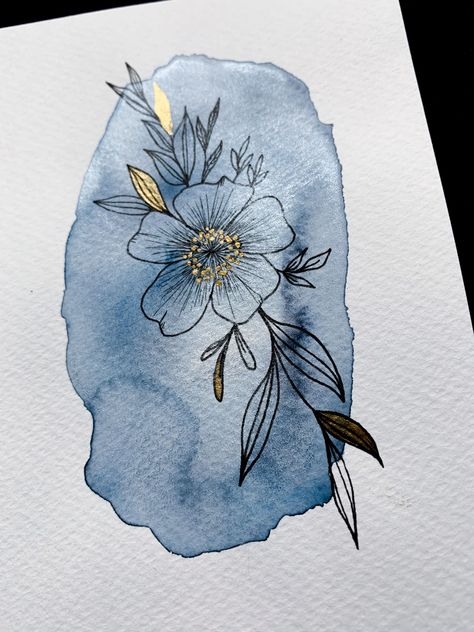 Handmade Paper Watercolor Painting, Line Art Over Watercolor, Metallic Flower Painting, Watercolor Metallic Paint, Watercolor Paper Art, Black Watercolor Paper Art, Watercolor Art Ideas Creativity, Painting With Metallic Paint, Ink And Watercolor Flowers