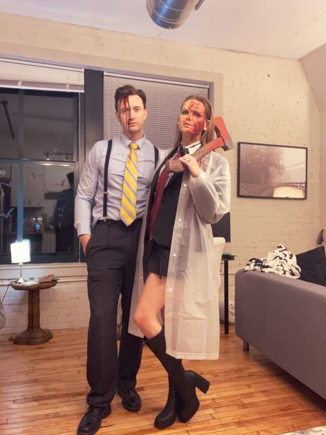 Couples Halloween Costume Horror Movies, Patrick Bateman And Jean Costume, Classic Horror Couples Costumes, American Pyscho Couples Costume, Couples Costumes Horror Movies, Patrick Bateman And Paul Allen Costume, American Physco Couple Costume, 50s Halloween Costume Couple, I Know What You Did Last Summer Costume