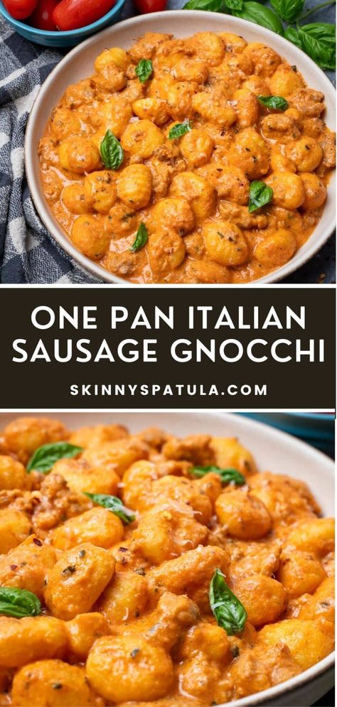 One Pan Italian Sausage Gnocchi – Skinny Spatula Sweet Italian Sausage Gnocchi Recipes, Pesto Sausage Gnocchi, Gnocchi Sausage Spinach, Gnocci Meals Vodka Sauce, Gnocci Meals Dairy Free, Dinner For Girlfriend, Gnocchi And Sausage Recipes, Chicken Sausage And Gnocchi, Gnocchi Vodka Sauce