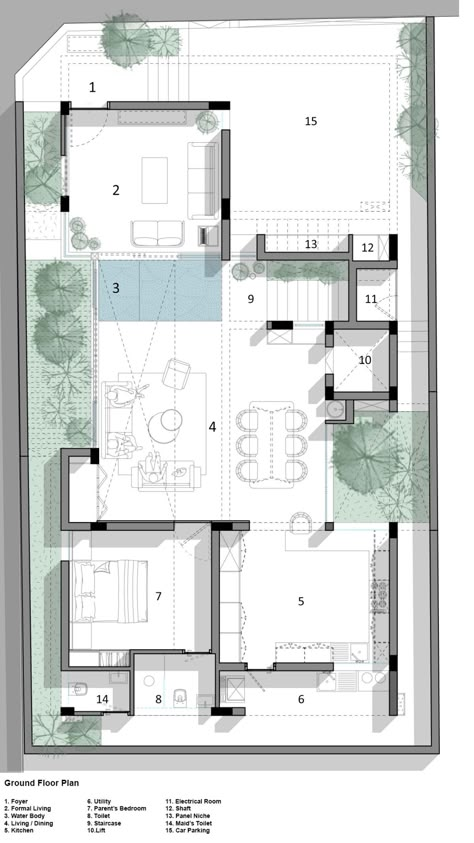 Ground Floor Plan of One Ground Home by Shanmugam Associates 3 Rooms House Plan Design, East Facing House Plan Vastu, Ground Floor Elevation Design, 3 Room House Plan, Villa Layout, South Facing House, Plan 2d, 2bhk House Plan, Town Houses