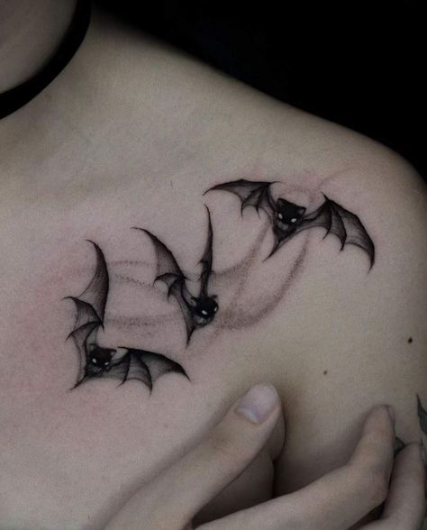 Unique Ghost Tattoo, Morphing Tattoo Ideas, Bat And Spider Tattoo, Witchy Filler Tattoo Ideas, Small Black And Red Tattoo, Goth Tattoos Small, Bat Hip Tattoo, Bat Tattoo Shoulder, Small Gothic Tattoo Designs