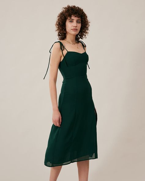 2022 The Tie Strap Split Dress in midi dresses with only $40 online. Free shipping on orders over $69. Dark Green Midi Dress, Tie Strap Dress, Side Split Dress, Tailored Clothes, Black Slip Dress, Midi Slip Dress, Split Maxi Dress, Split Dress, Green Midi Dress