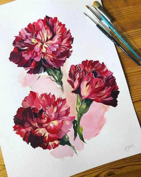 Finished this painting of some of the most unique carnations I’ve ever seen, an assortment of fiery reds and yellows on every petal. 😮  12… Red Carnation Painting, Painting Carnations Flower, Red Carnation Drawing, Carnation Flower Art, Carnation Painting Acrylic, Carnation Flower Painting, Maroon Painting, Carnations Painting, Carnation Flower Drawing