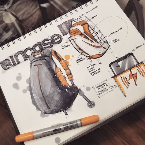 Bag Design Sketch, Backpack Design Concept, Orthographic Drawing, Have A Great Saturday, Backpack Design, Design Backpack, Orange Interior, Industrial Design Sketch, Id Design