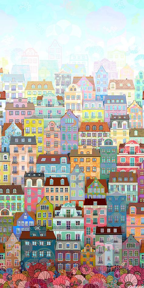 Happy Place - Village Border - Pastel - DIGITAL PRINT Colorful Houses, Building Illustration, City Illustration, Salou, Digital Print Fabric, Cute Patterns Wallpaper, Robert Kaufman, Cute Wallpaper Backgrounds, Square Quilt