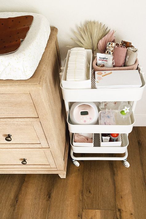 Here are 12 baby room organization hacks that will make the baby's room easy to navigate and next-level organized. Nursing Utility Cart, Nappy Trolly Ideas, Nursery Cart Organizer Ideas, Baby Cart Organize, Newborn Cart Organizer, Diaper Cart Organization, Nursing Cart Organizer, Nursing Cart, Diaper Cart