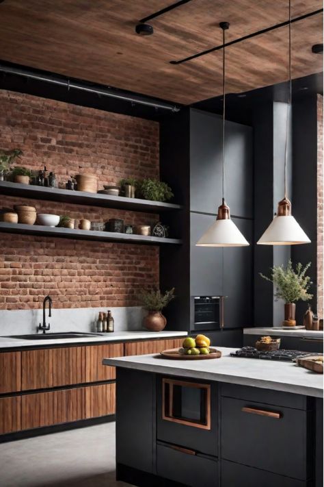 Industrial kitchen with brick walls and metal pendant lights Wood And Dark Kitchen, Industrial Modern Kitchen Design, Industrial Kitchen Design Inspiration, Garfield Kitchen, Modern Industrial Kitchen Design, Industrial Look Kitchen, Industrial Loft Kitchen, Industrial Kitchen Ideas, Industrial Modern Kitchen