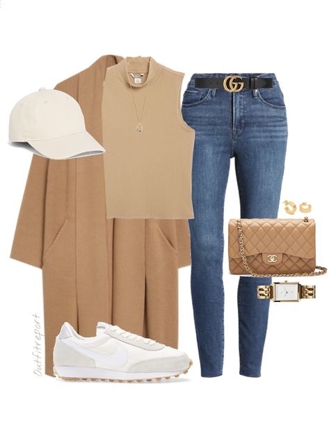 White Racer Top Outfit, Beige Runners Outfit, Long Off White Cardigan Outfit, Beige Top Blue Jeans Outfit, Outfits With Runners, Beige And Jeans Outfit, Outfits Con Beige, Beige Top And Jeans Outfit, Beige Trainers Outfit