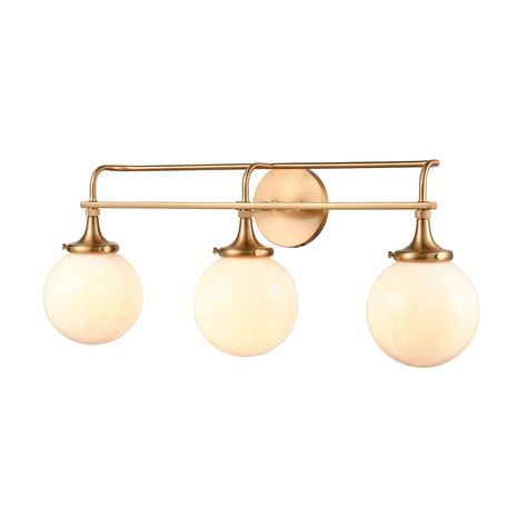 The Beverly Hills vanity light has a retro chic look with classic globe-shaped glass in a feathered cloud white color. The satin brass-finished frame has flared glass holders that showcase the richness of the glass. Item Width: 28" Item Depth: 9" Item Height: 11" Item Weight: 5 lbs Item Materials: Glass, Steel Item Fin Brass Vanity Light, Vanity Light Fixtures, Elk Lighting, Bath Vanity Lighting, Candelabra Bulbs, Cloud White, Bathroom Vanity Lighting, Retro Chic, Satin Brass