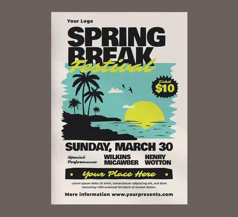 Spring Break Poster Design, Beach Festival Poster Design, Spring Break Graphic Design, Beach Party Graphic Design, Spring Event Poster, Spring Break Party Theme, Stem Fair Projects, Summer Camp Sports, Spring Flyer