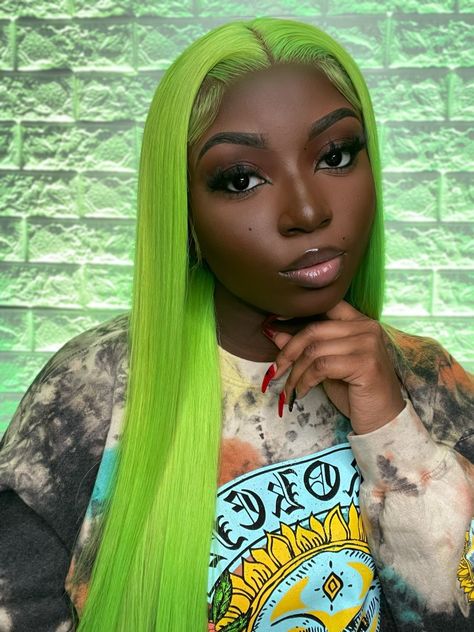 Green Hair Dye Black Women, Ombre Hair Black Women, Lime Green Wig, Green Wigs, Neon Green Hair, Neon Hair, Green Wig, Yellow Ombre, Protective Hairstyles Braids