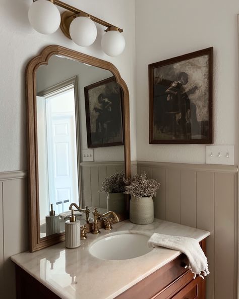 Traditional And Modern Bathroom, Classic French Bathroom Design, French Country Powder Bath, English Cottage Bathroom Vanity, French Country Vanity Mirror, French Country Mirrors Bathroom, Toilet Next To Sink Bathroom, Tan Tile Bathroom Ideas Modern, French Half Bathroom Ideas