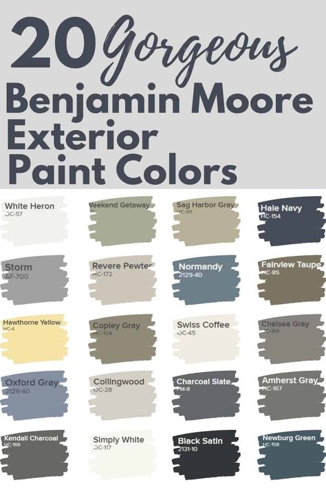 Here are 20 of the best Benjamin Moore Paint Colors for the exterior of your home. They are some of the top trending exterior paint colors. Dark grays, charcoal, deep blues and more, Behr House Colors Exterior, Farmhouse Colors Exterior Paint Colours, Farmhouse Shingle Roof Colors, Craftsman Home Exterior Paint Colors, Best Exterior Blue Gray Paint Color, Medium Greige Exterior House Colors, Painted Shingles Exterior, Outdoor House Paint Colors Exterior Homes Benjamin Moore, Trending Home Exterior Colors