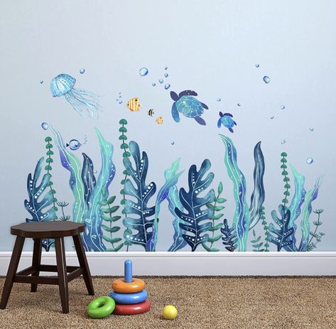 Amazon.com: 5 Sheets 3D Under The Sea Seaweed Wall Decals Sea Turtles Wall Stickers Ocean Grass Jellyfish Fish Removable Vinyl Wall Sticker for Kids Baby Bedroom Bathroom Living Room Wall Decoration : Baby Sea Murals, Ocean Mural, Animal Wall Decals, Aktivitas Montessori, Hur Man Målar, Wall Stickers Bedroom, Wall Stickers Kids, Sea Wall, Vinyl Wall Stickers