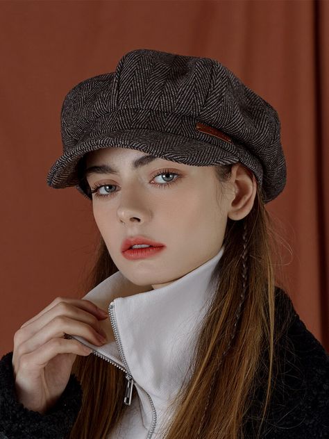 Beret Reference, Holding Cap Pose, News Boy Cap, Facial Anatomy, Female Pose, Clothing Reference, Female Pose Reference, Character References, Herringbone Tweed