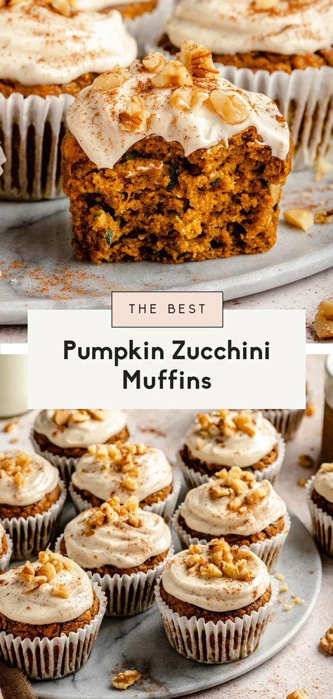 Fluffy pumpkin zucchini muffins topped with a luscious cinnamon cream cheese frosting. These easy pumpkin zucchini muffins are made in one bowl, are naturally sweetened, and are filled with cozy pumpkin pie spices! Truly the perfect healthy breakfast or snack to bake during the fall months. Ambitious Kitchen Dessert, Pumpkin Zucchini Muffins, Pumpkin Zucchini, Savory Pumpkin, Savory Pumpkin Recipes, Cinnamon Cream Cheese, Ambitious Kitchen, Random Recipes, Zucchini Muffins