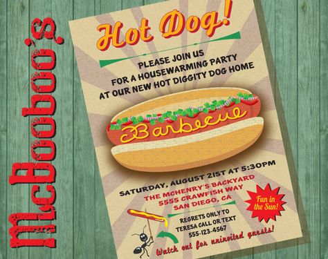 Hot Dog BBQ HouseWarming Party Invitations by McBooboos on Etsy Food Invitation, Big Hot Dog, Dog Party Invitations, Dog Fundraiser, Hot Dog Party, Housewarming Party Invitations, Hot Dog Stand, Flyer Free, Barbecue Party