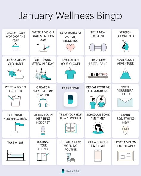 New Year Wellness Bingo | The Balance App Wellness Bingo, New Year Wellness, Before Bed Workout, Wellness Ideas, Wellness Challenge, Workplace Wellness, Short Term Goals, Bingo Board, Creating A Vision Board