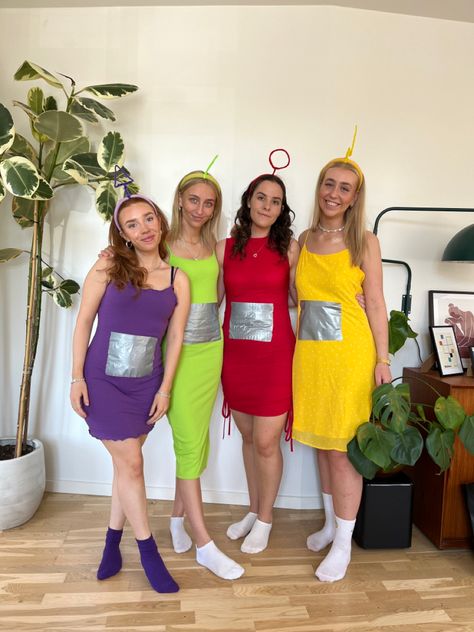 Tellatubby Costumes, Tellie Tubbies Costume, Telly Tubbies Costume, Teletubbies Outfit, Cartoon Dress Up Ideas, 4 Girls Halloween Costumes, Teletubbies Halloween Costume, Dance Halloween Costumes, 4 People Halloween Costumes