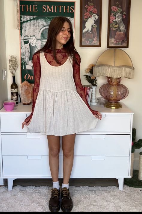 Flowy Layered Outfit, Fall Dress Layering, Layer Crop Top Outfits, Dress With Lace Undershirt, Lace Top Under Dress, Free People Lady Lux Layering Top Outfit, Lace Shirt Under Dress, Winter Dress Layering, Lady Lux Layering Top Outfit