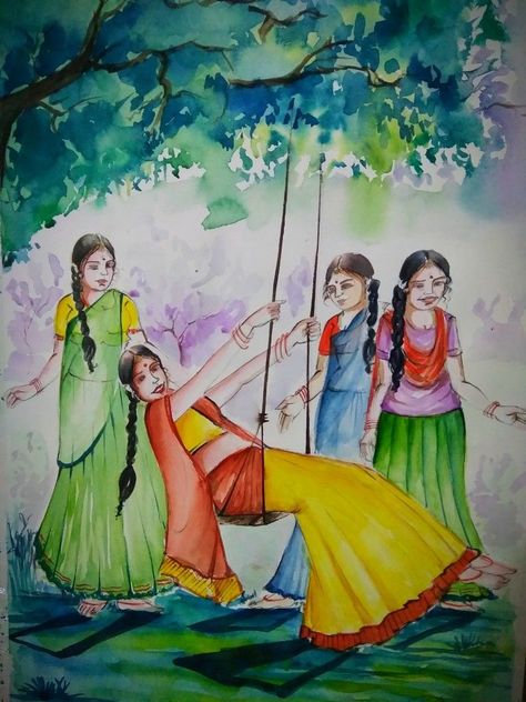 Composition Painting Watercolour Easy, Landscape Composition Painting, Picture Composition Painting, Human Composition Sketch, Human Composition Drawing Watercolor, Composition Painting For Class 12, Simple Composition Drawing, Composition Watercolor Painting, Human Figure Composition Painting Easy