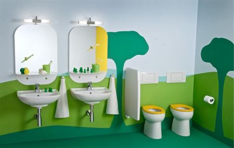 Children’s bathroom with a extravagantly playful and vivid theme Kindergarten Concept, Fun Kids Bathroom Ideas, Fun Kids Bathroom, Kids Bathroom Colors, Kids Bathroom Design, Kindergarten Interior, Preschool Designs, Kids Toilet, Kid Bathroom Decor