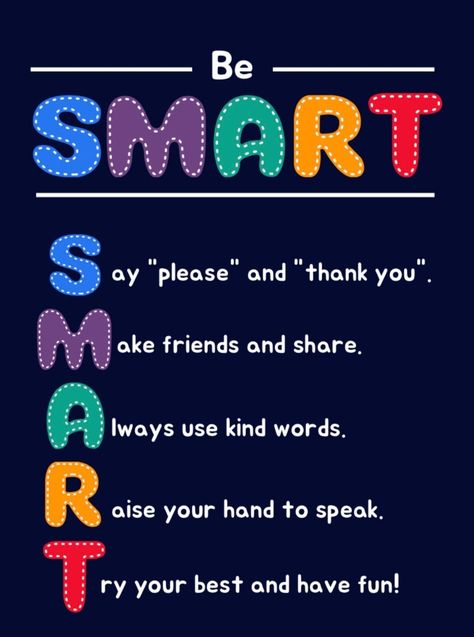 BE SMART poster for teachers to use in the classroom for behaviour management. Right To Education Poster Ideas, Thoughts For Classroom Board, Educational Classroom Decor, Classroom Management Posters, Motivational Charts For Classrooms, Classroom Affirmations For Kids, School Charts Ideas Classroom, Teacher Poster Ideas, Be Smart Quotes