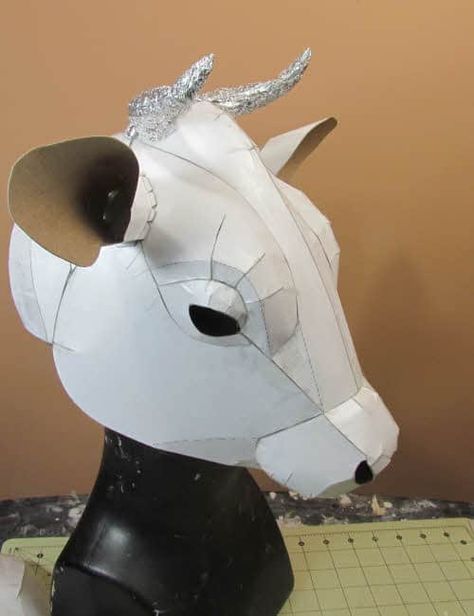 Cow Mask Pattern | Ultimate Paper Mache Bull Mask Diy, Paper Mache Animal Mask, Paper Mache Mask Diy, Paper Mache Mask Ideas, Paper Mache Cow, Cardboard Animal Head, Cow Puppet, Paper Mache Ideas, Mascara Papel Mache