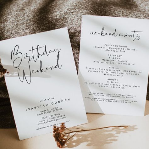 Birthday Weekend Itinerary Ideas, 40th Birthday Itinerary, 21st Birthday Weekend Ideas, Travel Birthday Invitation, 30th Birthday Itinerary, Birthday Itenary, 35th Birthday Invitations, Birthday Weekend Ideas, 40th Birthday Weekend